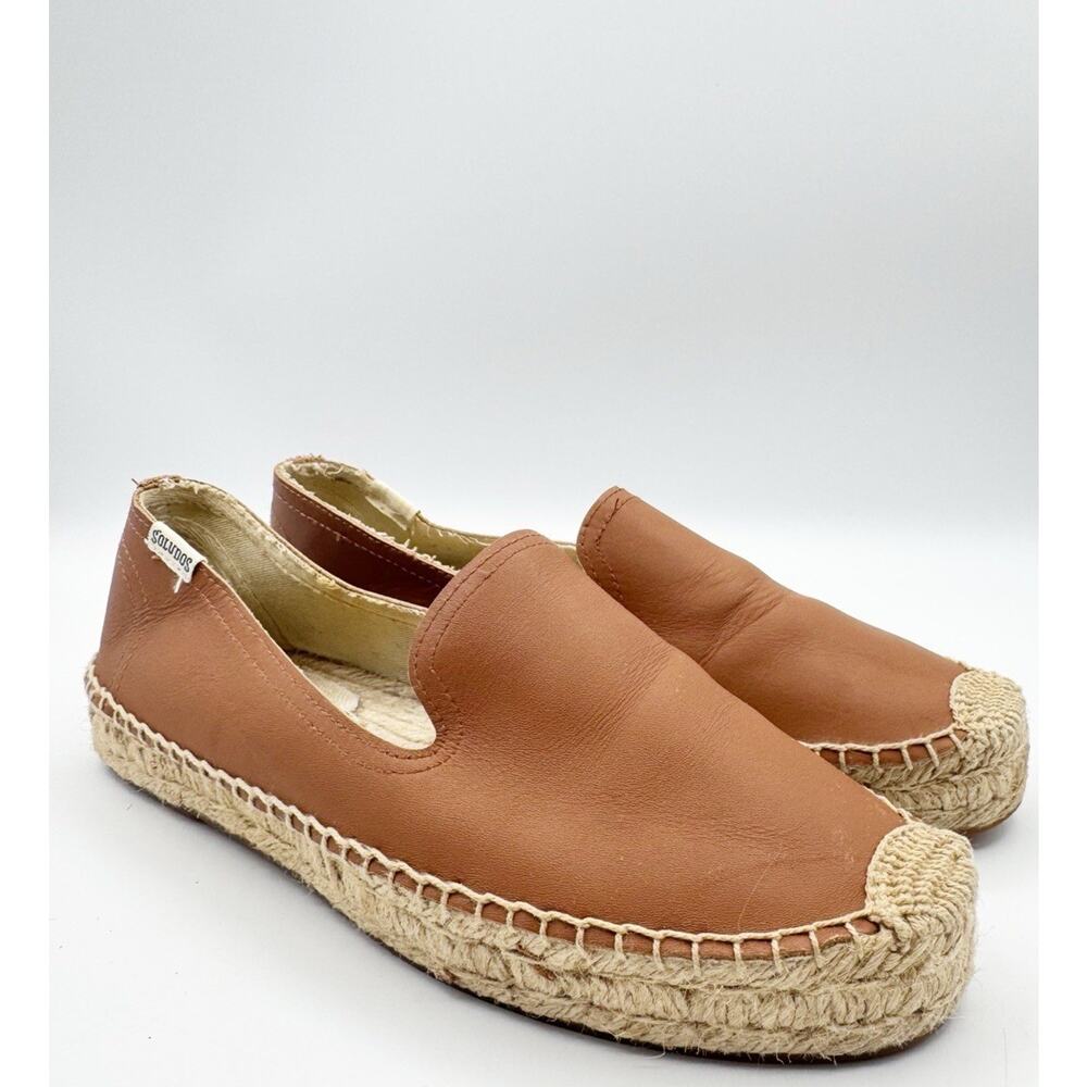 Soludos Leather Espadrilles 7.5 Brown Loafers Slip On Smoking Slipper Shoes